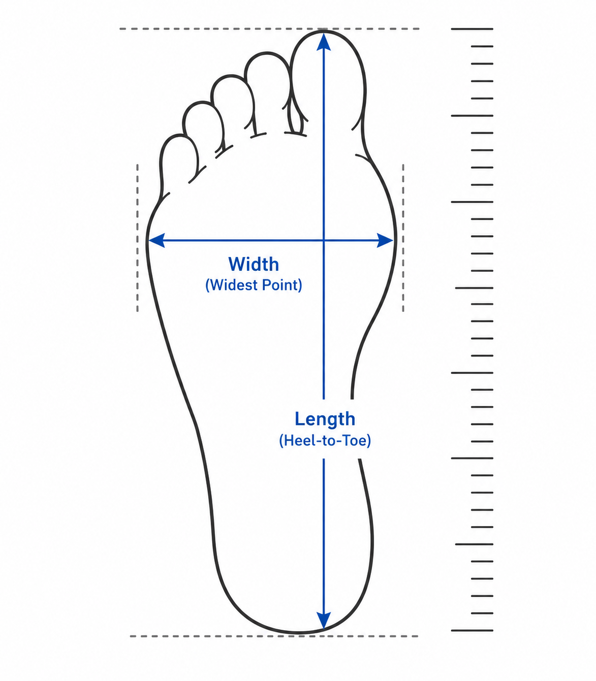 Diagram showing how to measure foot length from heel to toe and foot width at the widest point.